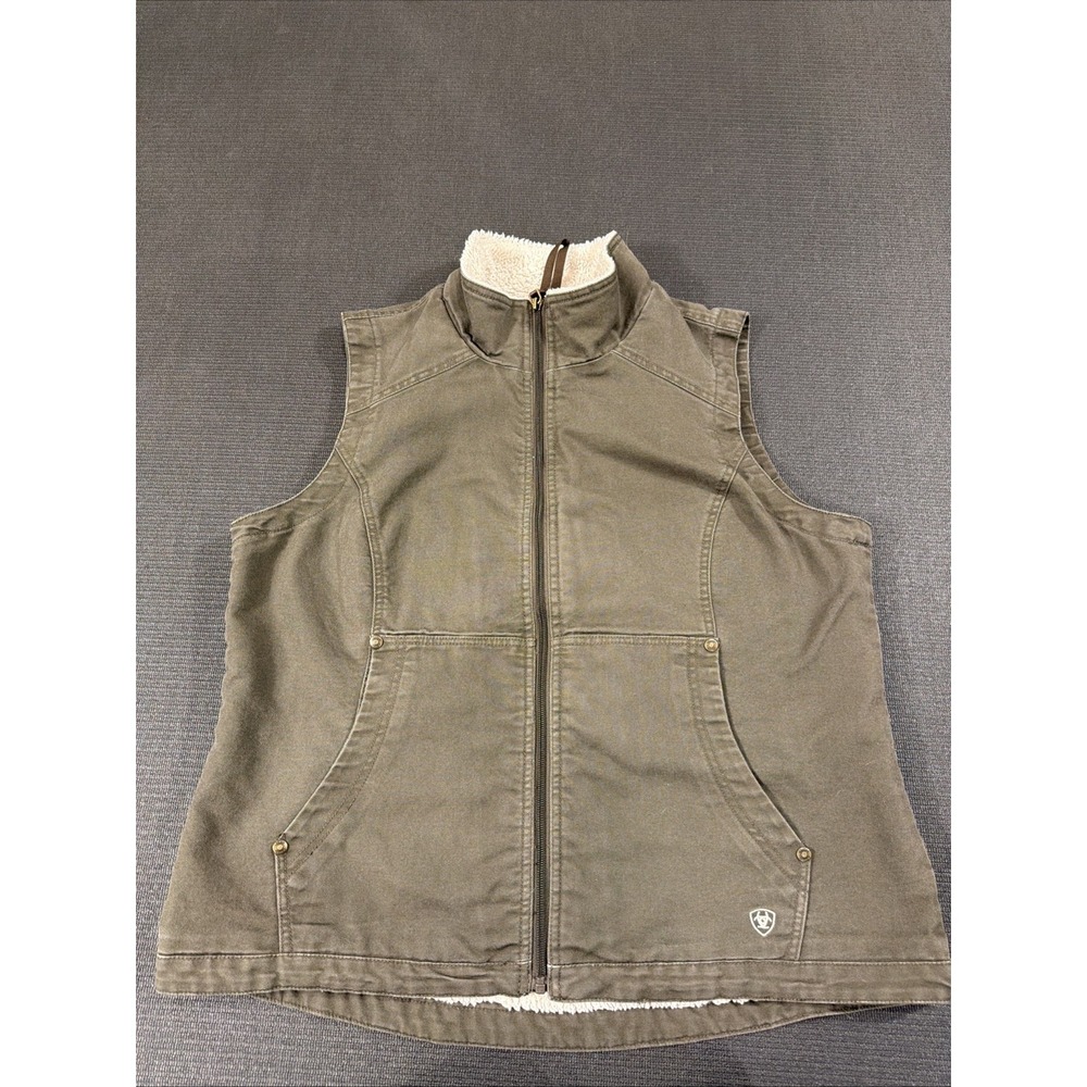 Ariat Real Outlaw Canvas Vest Womens Size XL Banyan Bark Brown Sherpa Lined